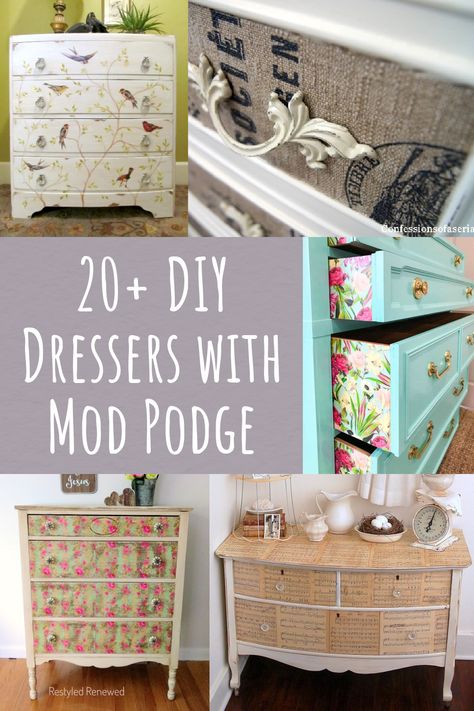 Modge Podge Furniture, Diy Dresser Ideas, Diy Decoupage Furniture, Mod Podge Furniture, Decoupage Dresser, Upcycle Dresser, Dresser Ideas, Diy Dresser Makeover, Mod Podge Crafts