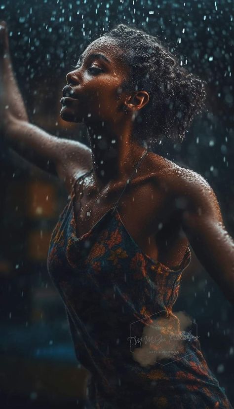 Rain Photoshoot Black Women, Woman Rain Photography, Rain Model Photography, Woman Dancing In The Rain, Editorial Rain Photoshoot, Rain Shoot, Rain Photoshoot, Nature Shoot, Rainy Photoshoot