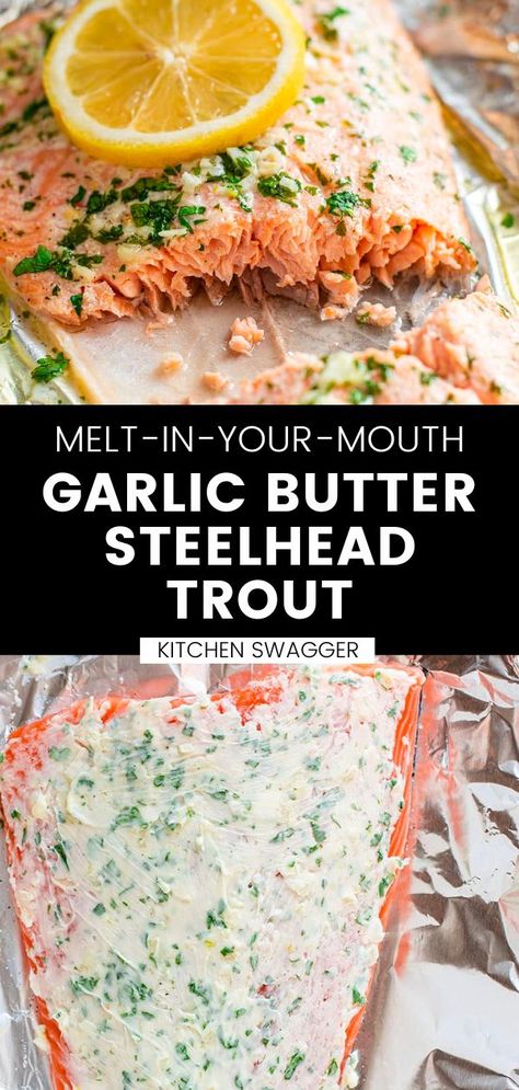 Discover a mouth-watering steelhead trout recipe that is perfect for any occasion! Our Garlic Butter Steelhead Trout in Foil Recipe is full of fresh herbs, buttery goodness, zesty lemon, and garlic that will tantalize your taste buds. Prepare it in just a few minutes and cook in foil to lock in all the flavors and aromas. Grilled Steelhead Trout Recipe, Steel Head Trout Recipes, Steelhead Recipes, Steelhead Trout Recipe Baked, Steelhead Trout Recipe, Trout Fillet Recipes, Baked Trout, Trout Recipe, Grilled Trout