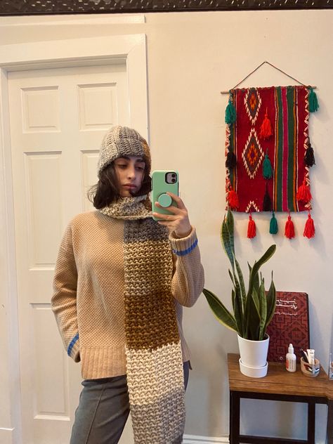 Chunky crochet scarf and hat set beige colorblock Crochet Scarf And Hat Set, Winter Crochet Projects, Crochet Scarf And Hat, Colorblock Scarf, Chunky Crochet Scarf, Crochet Outfit, Winter Crochet, Scarf And Hat, Color Block Scarf