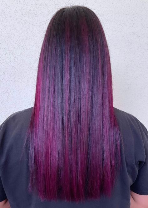 Dark Hair Purple Highlights, Dark Red Purple Hair, Magenta Balayage, Pinkish Purple Hair, Reddish Purple Hair, Red Purple Hair, Erica Brown, Red Violet Hair, Hair Aesthetics