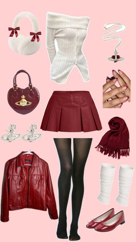 Outfit Idea Y2k, Winter Outfit Cold Weather, Outfit Template, Red Skirt Outfits, Girl Rockstar, Puffer Outfit, Coquette Red, Simple Streetwear, Red And White Outfits