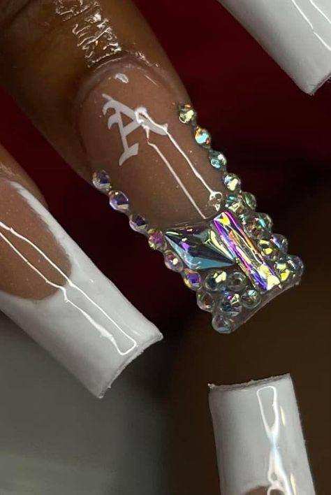 Nails. Middle finger emphasized, has Swarovski French tip with script A near the cuticle. Nails With His Initials, Initial Nails, Diamante Nails, Gem Placement, Nails Now, Unique Acrylic Nails, Bling Acrylic Nails, Gem Nails, Bling Nails