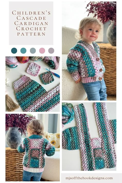 Introducing the Cascade Children's Cardigan Crochet Pattern—a free children's granny stitch cardigan pattern with a video tutorial. Childs Cardigan Crochet Pattern Free, Free Crochet Kids Patterns, Kids Crochet Cardigan Pattern Free, Free Crochet Patterns For Gifts, Crochet Toddler Clothes Free Pattern, Crochet Toddler Cardigan Free Pattern, Crochet Kids Clothes Free Pattern, Kids Granny Square Cardigan, Crochet Sweater Pattern Free Kid