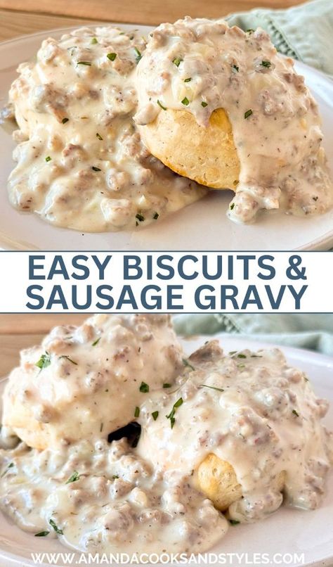 Biscuits and Gravy - Super easy biscuits and gravy recipe made with easy oven baked biscuits and a simple homemade sausage gravy. These are the ultimate breakfast comfort food! Best Sausage Gravy Recipe, Breakfast Pizza Crescent Roll, Easy Biscuits And Gravy, Biscuits And Sausage Gravy, Country Biscuits, Biscuits And Sausage, Homemade Gravy For Biscuits, Homemade Sausage Gravy, Sausage Gravy And Biscuits