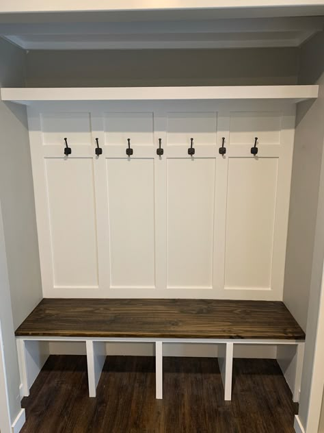 Closet Turned Into Cubbies, Front Closet Cubbies, Easy Mud Room Diy, Hall Tree Closet, Entryway Closet Design, 4 Cubby Mudroom, Diy Mud Bench, Mud Room Hooks And Shelf, Small Mudroom Bench Ideas