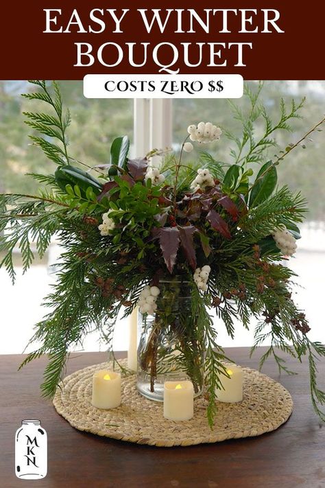 Diy Christmas Bouquet, Evergreen Centerpieces, Simple Christmas Arrangements, Winter Flower Arrangements For Home, Christmas Floral Arrangements Diy, Winter Flower Arrangements, Holiday Bouquet, Evergreen Flowers, Christmas Tree Scent