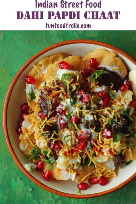 Dahi Papdi Chaat is popular Indian street food. A dahi papdi is always the crisp, crunchy savory crackers loaded with sweet and spicy toppings via funfoodfrolic.com #indiancuisine #snacks #chaat #vegetariancuisine #vegetarian #snackideas Papri Chaat Recipe, Dahi Papdi Chaat Recipe, Dahi Papdi Chaat, Holi Recipes, Desi Street Food, Samosa Chaat, Diwali Food, Chaat Recipe, Indian Street