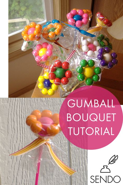 Create an adorable, colorful gumball flower bouquet in just a few simple steps! You'll only need gumballs, cellophane, balloon sticks and ribbon. Kids Bouquet Ideas, Flowers Made From Candy, Sucker Bouquet Diy, Candy Flowers Diy, Candy Flower Bouquet Gift Ideas, Blow Pop Bouquet, How To Make Lollipop Bouquet, Candy Flower Bouquet Diy, Candy Kabobs Diy Ideas