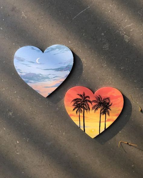 Heart Sunset Painting, Heart Shape Canvas Painting, Heart Shaped Canvas Painting Ideas, Magnet Drawing, Diy Magnets, Heart Canvas, Heart Drawing, Circle Art, Sunset Painting