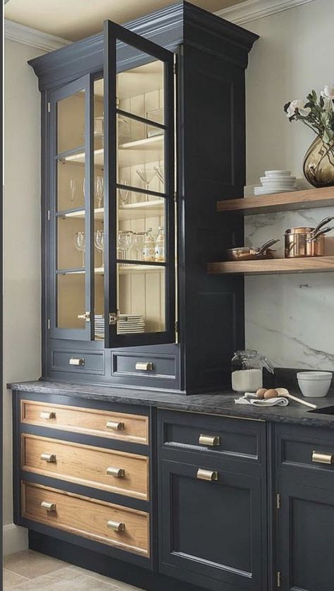 Showcase Kitchen, Kitchen Tall Glass Wall Cabinets, Built In Hutch Kitchen, Black Cabinet Butler Pantry, Kitchen Built In Hutch, Black Hutch Glass Doors, Built In Kitchen Hutch, Built Ins Dining Room, Modern Rustic Black China Cabinet