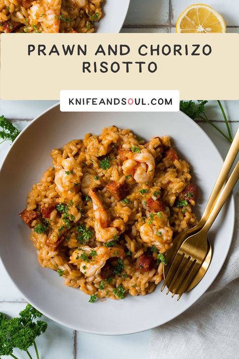 Prawn And Rice Recipes, Risotto With Shrimp, Prawn Risotto Recipe, Prawn Risotto, Rissoto Recipes Prawn, Prawn And Chorizo, Prawn And Chorizo Recipes, Prawn Chorizo, Prawn Risotto Jamie Oliver