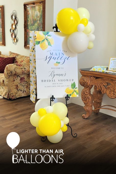 Wedding Balloon Decor, Beach Gender Reveal, Bridal Balloons, She Found Her Main Squeeze, Found Her Main Squeeze, Lemon Themed Bridal Shower, Bridal Shower Inspo, Bridal Shower Balloons, Wedding Shower Themes