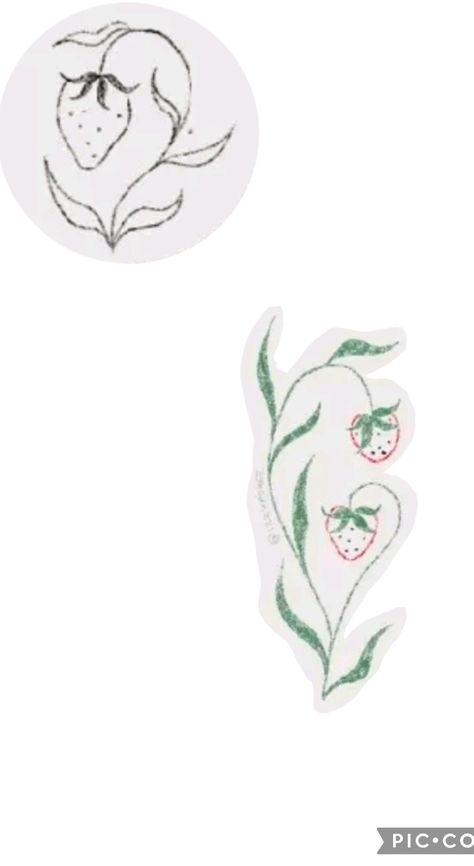 NOT MY ART! these are 2 dainty strawberry plant tattoo ideas I saw that really inspire me 🍓✨️ Strawberry Tattoo Drawing, Abstract Strawberry Tattoo, Strawberry Simple Tattoo, Strawberry Tattoo Behind Ear, Wild Strawberry Tattoo Black And White, Strawberry Arm Tattoo, Wild Strawberries Tattoo, Handpoked Tattoo Ideas, Rhubarb Tattoo