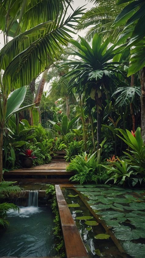 Transform Your Outdoor Space: 15 Tropical Landscaping Ideas for a Stunning Backyard Oasis Front Yard Oasis, Outdoor Tubs, Balinese Landscape, Tropical Landscaping Ideas, Coconut Aesthetic, Yard Oasis, Balinese Garden, Townhouse Garden, Outdoor Tub