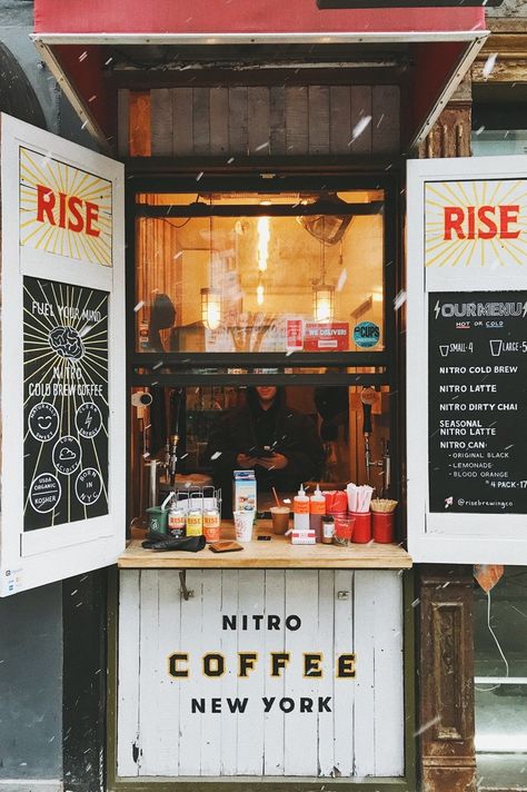 source: thecoffeeatlas@tumbler Coffee Shop Window, Nitro Coffee, Cafe New York, Nitro Cold Brew, Coffee Stands, Small Cafe, Coffee Shop Design, Rise And Shine, Cold Brew Coffee