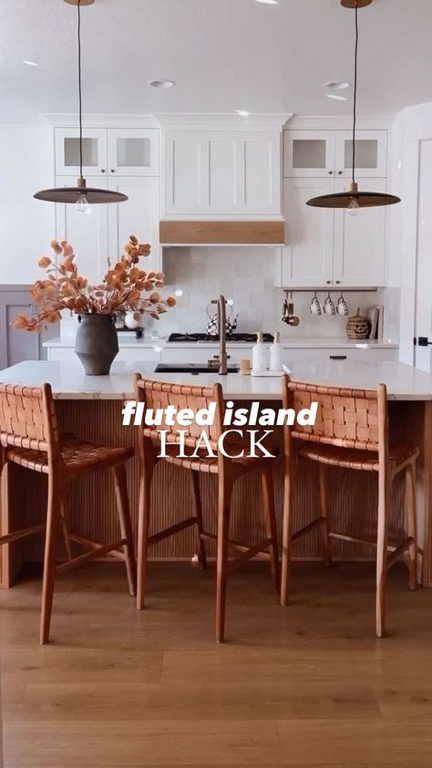 Are we CRAZY?? Maybe 😜 but in the best way! Pole wrap is the easiest solution to adding warmth to your kitchen and getting a custom fluted island! COMMENT “island hack” and I will send you all the supplies + everything you see in my kitchen. Plus there is a step by step tutorial saved to the highlights on my page! Would you try this hack?? What questions do you have?? #kitchendiy #homeimprovement #affordablehome #homehacks | Alexis Nicole | affordable home design | Siggerr · Moon Fluted Island Kitchen, Renovated Cabinets, Pole Wrap Kitchen Island, Fluted Kitchen Island, Fluted Island, Alexis Nicole, Pole Wrap, Waterfall Island, Kitchen Peninsula