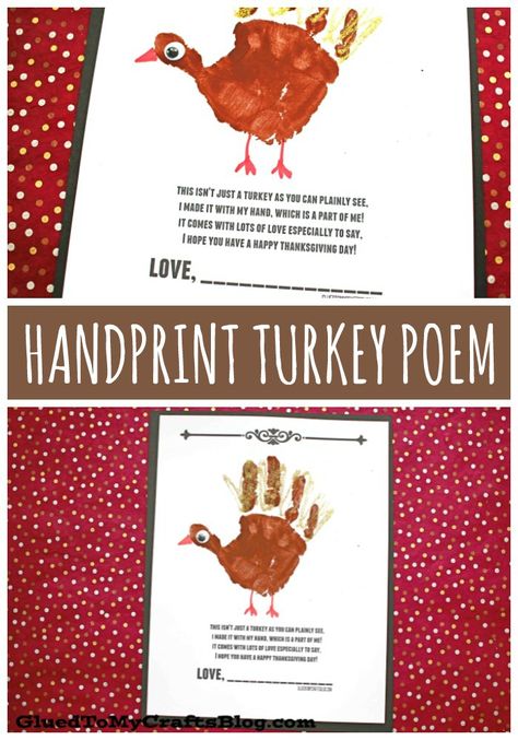 #gluedtomycrafts Handprint Turkey Poem – Free Printable - Thanksgiving Kid Craft Idea Turkey Handprint Poem, Turkey Poem, Handprint Turkey, Turkey Handprint Craft, Thanksgiving Crafts Decorations, Handprint Poem, Turkey Crafts Kids, Hand Turkey, Thanksgiving Crafts For Toddlers