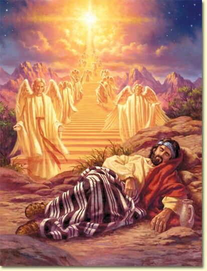 Genesis 28:10-22 Jacob left Beersheba and set out for Haran. When he reached a certain place, he stopped for the night because the sun had set. Taking one of the stones there, he put it under his head and lay down to sleep. He had a dream in which he saw a stairway resting on the earth, with its top reaching to heaven,  and the angels of God were ascending and descending on it. There above it stood the Lord, and he said: " I am the Lord, the God of your father Abraham and the God of Isaac. I wil Bible Images, Bible Illustrations, Jacob's Ladder, Bible Characters, Prophetic Art, Bible Pictures, Pictures Of Jesus Christ, Ayat Alkitab, Christian Pictures