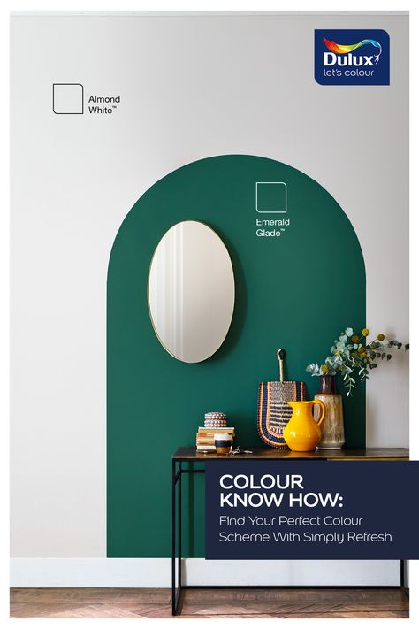 Simply Refresh Complementary Colours Arch Colour Block, Curved Painted Wall, Zoning With Paint, Painted Arch Living Room, Colour Block Walls, Painting A Desk, Painted Archway, Arch Painting, Emerald Green Living Room