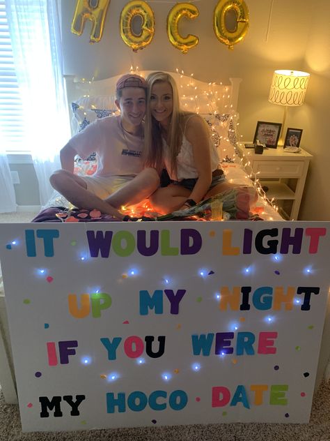 Hoco Proposals Ideas Lights, Will You Light Up My Night At Homecoming, Hoco Signs For Guys, Sadies Ideas, Prom Asks, Hoco Boards, Prom Signs, Dance Signs, Sadie Hawkins Proposals