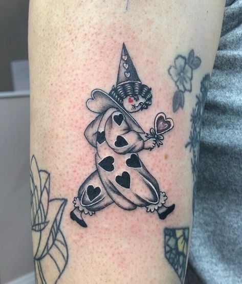 Women With Arm Tattoos, Clown Hat Tattoo, Tiny Clown Tattoo, Pierrot Clown Tattoo, Pierrot Tattoo, Tattoos Clown, Cute Clown Tattoo Ideas, Clown Tattoo Traditional, Small Clown Tattoo