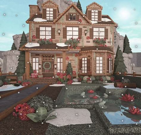 House Exterior Bloxburg Aesthetic, Cottage Core Aesthetic Bloxburg House, Bloxburg Builds Ideas Exterior, Rustic Bloxburg House Exterior, Cute Christmas Bloxburg Houses, Bloxburg Exterior Christmas, Aesthetic Winter Bloxburg House, Cozy Autumn Bloxburg House, Bloxburg Cabin Exterior