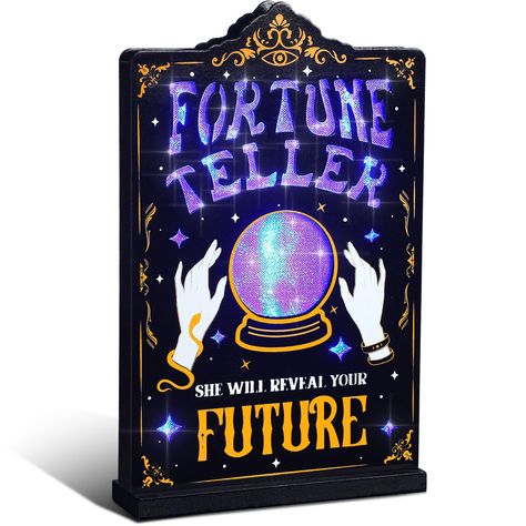 PRICES MAY VARY. Fortune Teller Theme: the design of the fortune teller tabletop sign combines a variety of gothic mysterious elements such as purple crystal ball, fortune teller's left hand wrapped with a small snake and a right hand wearing a watch, curved fortune teller title, the overall layout is similar to a tarot card shape, used to create a dark and mysterious gothic atmosphere What You Will Get: you will receive the Halloween fortune teller LED tabletop decoration with LED lighted palm Fortune Teller Party Theme, Carnival Fortune Teller, Fortune Teller Booth, Gothic Atmosphere, Halloween Fortune Teller, Carnival Signs, Small Snake, Spooky Party, Tarot Card Readers