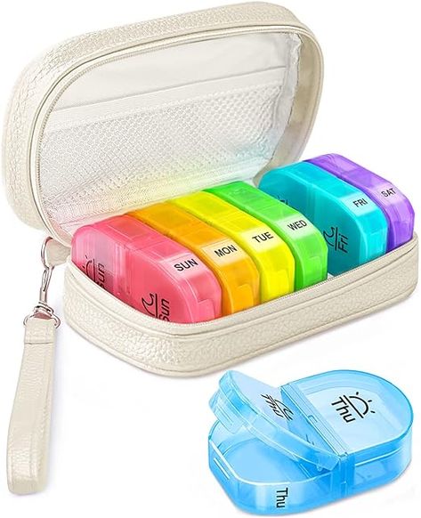 Portable Weekly Pill Box for Purse with Storage Bag to Hold Vitamins/Medications/Fish Oils/Supplements, Beige Fish Oil Vitamins, Weekly Pill Organizer, Medicine Organization, Pill Container, Pu Leather Bag, Pill Organizer, Cyan Blue, Pill Case, Pill Boxes