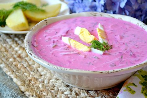 Lithuanian Saltibarsciai - Cold beet soup Lithuanian Beet Soup, Cold Beet Soup, Lithuanian Food, Cold Soup Recipes, Lithuanian Recipes, Beetroot Recipes, Beetroot Soup, Beet Soup, European Recipes