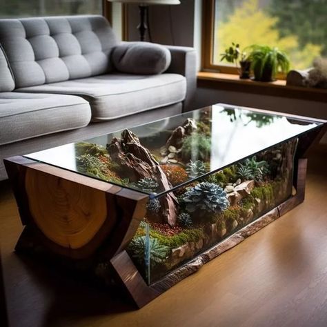 A Scandinavian-style coffee table with natural wood and white accents. Coffee Table With Plants Inside, Terrarium Furniture Ideas, Diy Unique Coffee Table Ideas, Hobbit Terrarium Diy, Terrarium Interior Design, Terrarium Decor Ideas, Terrarium Coffee Table, Plant Coffee Table, Glass And Wood Coffee Table