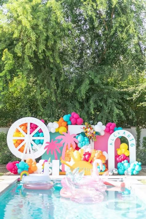 Kara's Party Ideas Festival Coachella Sweet 16 | Kara's Party Ideas Coachella Birthday Party, Coachella Party Theme, Coachella Party Ideas, Coachella Pool Party, Coachella Theme Party, Coachella Theme, Coachella Birthday, Colorful Festival, Coachella Party