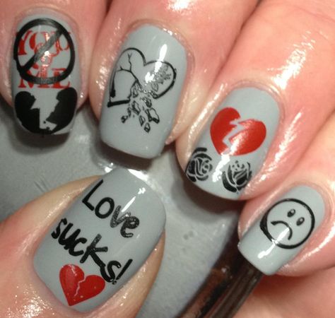 Heartbreak Valentines Day Nails, Heartbreak Nail Designs, Anti Love Nails, Heartbreak Nails, Single Awareness Day, Anti Love, Love And Heartbreak, Love Sucks, Gel Manicure Colors