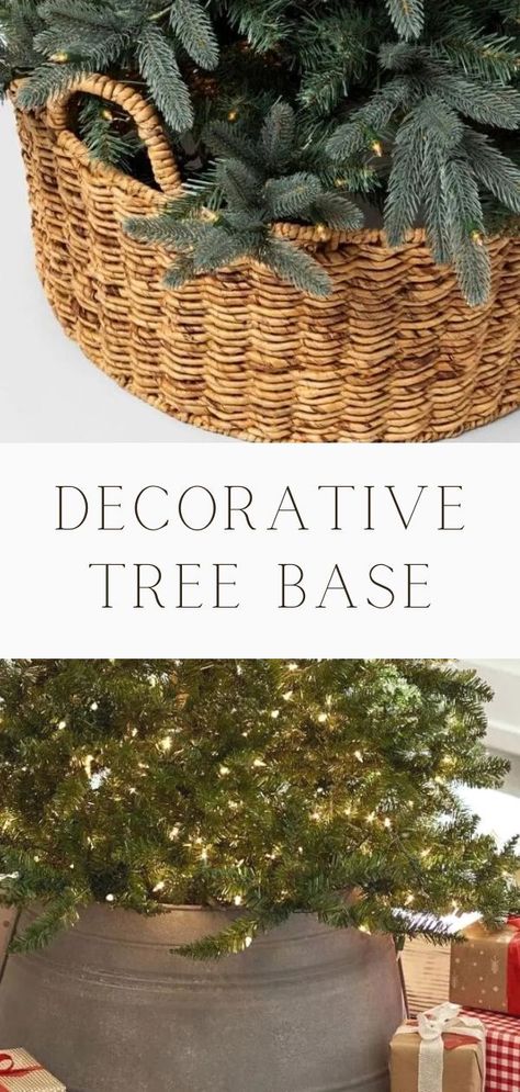 After doing some research we have pulled together the best Christmas tree base ideas. When you set up your Christmas tree, you'll want the right base and we've got the perfect one for this holiday season. These popular DIY farmhouse base covers include wooden, rustic, basket, galvanized and more. Decoration ideas to hide your tree bottom. They are easy to use and work for artificial fake or real trees. #lifeonsummerhill #christmastree #christmasdecorating Ideas For Christmas Tree Base, Small Christmas Tree Base Ideas, Christmas Tree Natural Rustic, Christmas Tree Pots Planters, Diy Christmas Tree Skirts, Christmas Tree Base Diy, Diy Basket Tree Collar, Diy Christmas Tree Basket Base, Small Christmas Tree Base