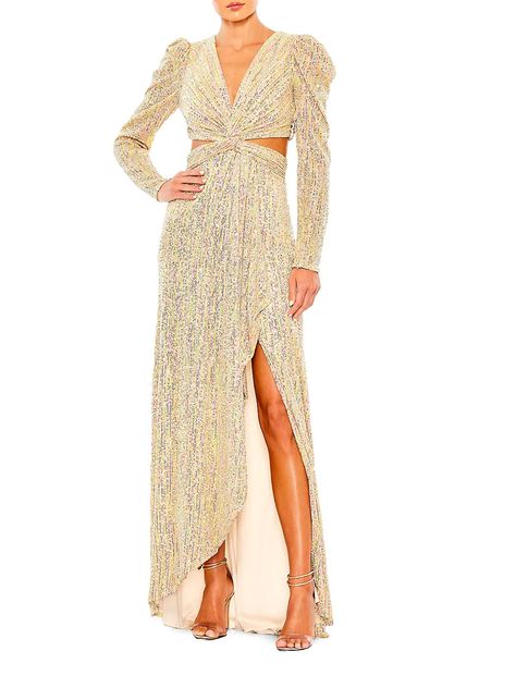 Shop Mac Duggal Metallic Cut-Out Gown | Saks Fifth Avenue Prom Dresses Gold, Long Puff Sleeve Dress, Gala Gowns, Winter Wedding Guest, Cutout Gown, Winter Wedding Guest Dress, Gown Gold, Dresses Gold, Reception Look