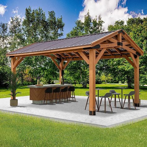 Transform your backyard into a haven of relaxation and beauty with this exquisite pergola! Crafted with care, it offers a sheltered oasis from the sun, rain, and heat. Its insulated roof ensures year-round comfort, while sturdy supports stand strong against the elements. Imagine cozy gatherings, romantic evenings, or cherished family moments under its elegant embrace. With this pergola, you'll create memories to treasure, making your outdoor space truly magical. Embrace the joy of the outdoors. Wood Gazebo, Steel Roof, Cedar Wood, Gazebo, Roof, Patio, Wood, Patios