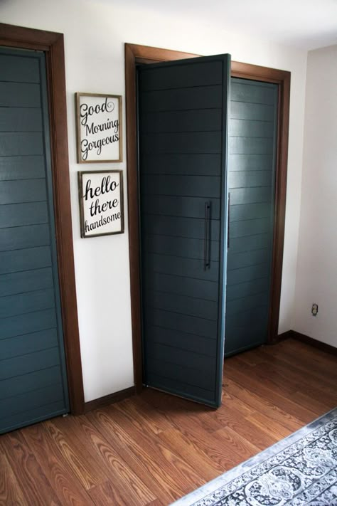 She started with dated slatted bifold doors and ended up with these gorgeous modern ship-lapped versions! Incredible! Shiplap Bifold Closet Doors, Ideas For Closets Without Doors, Hallway Remodel, Bifold Doors Makeover, Ideas Armario, French Closet Doors, Pintu Interior, Closet Door Makeover, Laundry Center