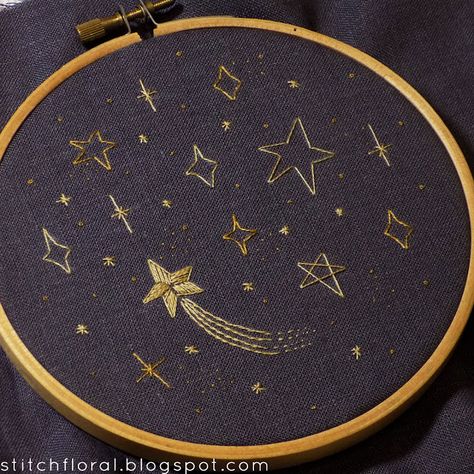 Crewneck Embroidery Ideas Diy, How To Embroider Stars Easy, Moon Stars Embroidery, Hand Embroidered Stars, Embroidered Moon And Stars, Black Cloth Embroidery, Embroidering Stars, Shooting Star Embroidery, Cute Simple Embroidery