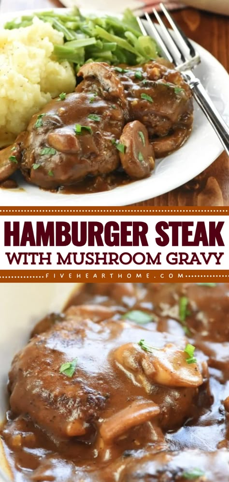 Hamburger Steak with Mushroom Gravy is a classic, comforting, quick and easy dinner recipe of mini ground beef patties in a rich, savory, gravy loaded with fresh mushrooms! Hamburger Steaks With Mushroom Gravy, Hamburger Steak With Mushroom Gravy, Steak With Mushroom Gravy, Ground Beef Patties, Perfect Hamburger, Hamburger Steak Recipes, Hamburger Steak And Gravy, Brown Gravy Recipe, Hamburger Recipes Patty