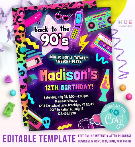 Back To The 90's, 90s Theme Party, Templates Edit, 90's Birthday Party, 90s Theme, Neon Rainbow, Glow Party, 12th Birthday, Party Invites