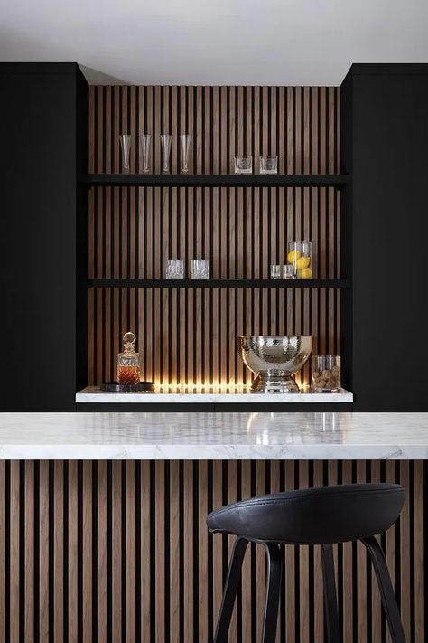 Built In Bar Area In Living Room, Black Accent Wall Coffee Bar, Under Counter Wall Ideas, Bar Area Backsplash, Midcentury Wet Bar, Cool Basement Bar Ideas, Accent Wall Bar Area, Bar Shelving Design, Black Bar Ideas