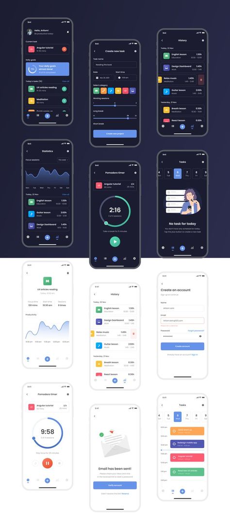 UI Kit Pomodoro App Design, Pomodoro Timer App, Pomodoro App, Todo List App, Habit App, Development Aesthetic, App Dashboard, Photoshop Web Design, Dashboard App