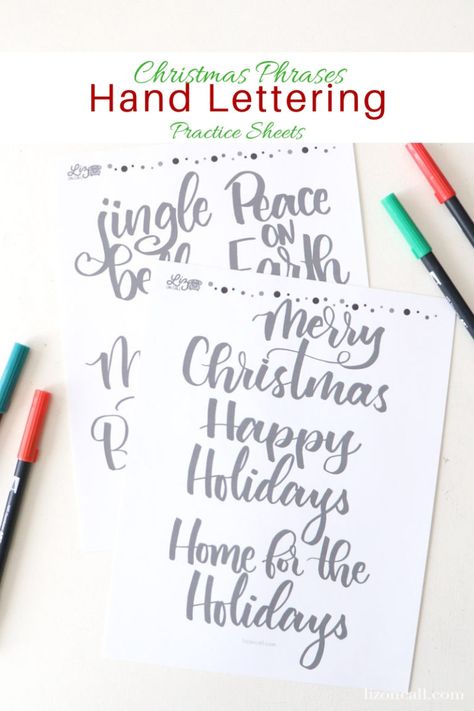 Free Lettering Worksheets, Christmas Fonts Alphabet, Hand Lettering Printables, Lettering Practice Sheets, Hand Lettering Practice Sheets, Merry Christmas Font, Brush Lettering Practice, Christmas Fonts Free, Hand Lettered Christmas