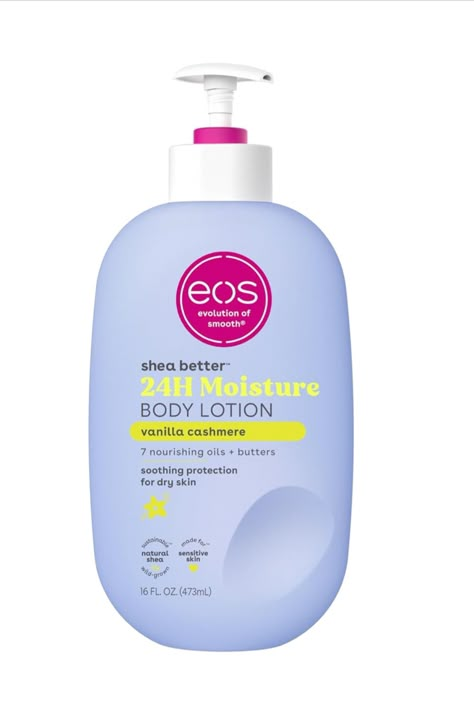 SHEA BETTER BODY LOTION: Our sweet and nuzzly Vanilla Cashmere scent contains fragrance notes of whipped vanilla, soft musk and cozy caramel. eos 24-hour hydration body lotion is made with natural ingredients to leave your skin smooth from head-to-toe. Cashmere Scent, Big Makeup Bags, Eos Lotion, Vanilla Cashmere, Best Body Butter, Scented Body Lotion, Better Body, Body Care Routine, Shower Routine