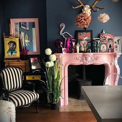 How fun is this bright pink fireplace, it stands out so well again the dark navy painted walls.  In the home ourvictoriandetached on Instagram. Pink Fireplace, Amazing Interiors, Dark Living Rooms, Victorian Home, Maximalist Decor, Dark Interiors, Decoration Inspiration, Eclectic Interior, Living Room Inspo