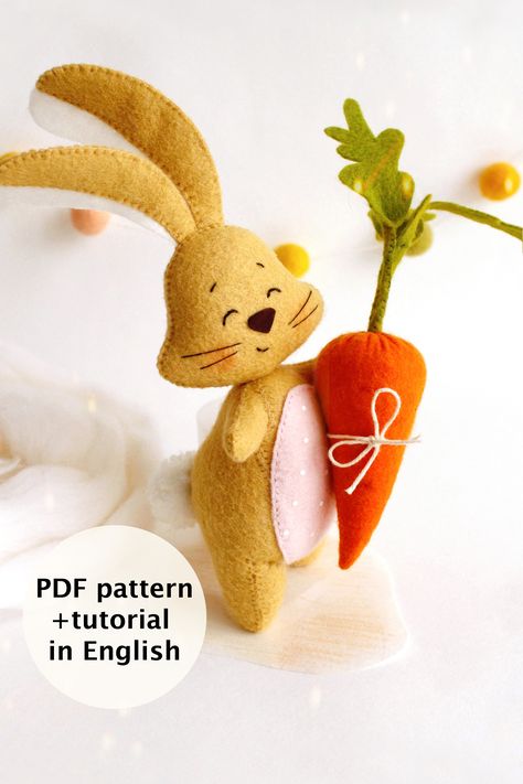 This step-by-step PDF hand sewing tutorial with patterns will help you to make cute Easter decor - bunny with long ears and carror in the hand. Let's create cute Easter felt crafts! ⭐️PDF pattern includes: Full size pattern pieces, Step by step photo tutorial (24 pages of detailed description!), a material and supply information. ⭐️ Skill Level: easy (are suitable for all levels of sewers). #felttoypattern #Eastercrafts #feltcrafts #felteasterdecor #feltsewingpattern #eastebunnypdf Easter Felt Crafts, Felt Easter Bunny, Felt Easter Crafts, Halloween Felt Crafts, Diy Easter Crafts, Bunny With Carrot, Easter Felt, Felt Toys Patterns, Animal Ornaments