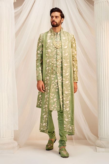 Rachit Khanna, Green Sherwani, Groom Collection, Beach Wedding Style, Embroidered Sherwani, Sherwani Groom, Resham Work, Wedding Sherwani, Set Saree