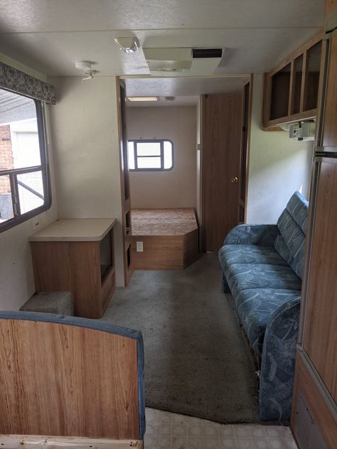 2000 Coachmen Catalina Travel Trailer Renovation Travel Trailer Renovation, Travel Trailer Living, Small Table And Chairs, Fireplace Console, Trailer Renovation, Rv Remodeling, Rv Interior Remodel, Removing Carpet, Hidden Tv