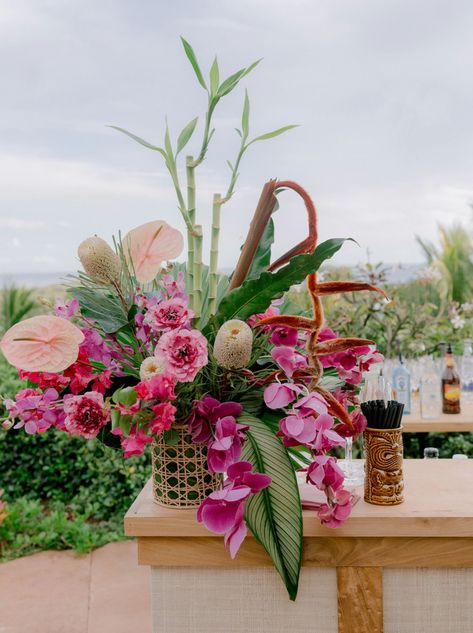 Kaitlyn + Logan Welcome Luau — Mandy Grace Designs Tropical Welcome Party, Hawaiian Floral Arrangements, Tropical Arrangements Floral Design, Bright Tropical Wedding, Tropical Glam Wedding, Tropical Chic Wedding, Havana Nights Party Theme, Tropical Floral Wedding, Modern Tropical Wedding