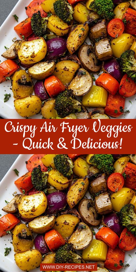 Whip up a crispy, healthy snack with this air fryer vegetable recipe! Toss with olive oil, Italian seasoning, and parmesan for extra flavor. Healthy Air Fryer Oven Recipes, Air Fryer Vegetable Recipes Healthy, Airfryer Roasted Vegetables, Health Air Fryer Recipes, Veggie Mix Recipes, Air Fryer Chicken And Vegetables, Vegan Airfryer Recipe, Airfryer Vegetables Recipes, Mediterranean Air Fryer Recipes